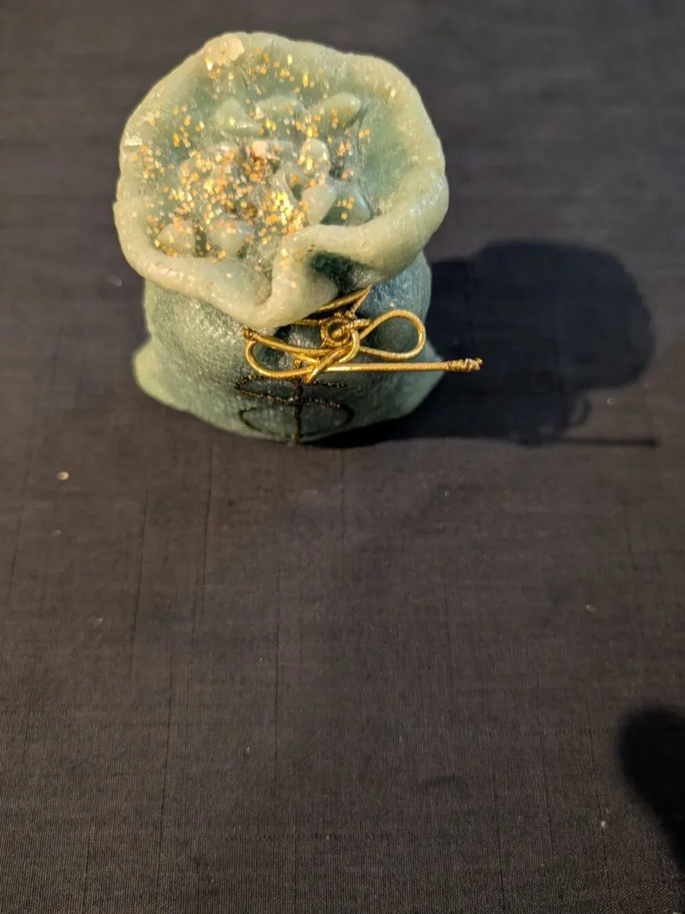 Vintage Green Money Bag Dollar Sign Novelty Candle Glitter Gold Tie Accent